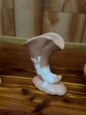 Vintage weller vase Beige Ceramic Horn Vase with White Floral Relief